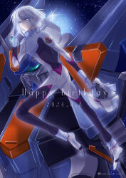 Rule 34 | 1boy, absurdres, birthday, commentary, dated, duel blitz gundam, full body, green eyes, grey eyes, gundam, gundam seed, gundam seed freedom, happy birthday, helmet, highres, holding, holding helmet, leafmoon 222, looking at viewer, mecha, mobile suit, pilot suit, robot, salute, science fiction, short hair, space, star (sky), twitter username, upper body, v-fin, white hair, yzak joule
