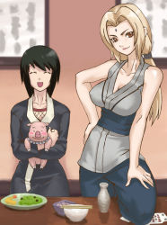 Rule 34 | 2girls, :d, black hair, blonde hair, brown eyes, closed eyes, facial mark, food, forehead mark, long hair, looking at viewer, multiple girls, naruto, naruto (series), open mouth, pig, powudon, shizune (naruto), short hair, smile, standing, table, tonton (naruto), tsunade (naruto)