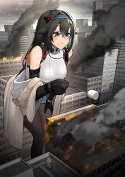 1girl absurdres black_gloves black_hair blue_eyes blue_hairband blush breasts burning city commentary day english_commentary feet_out_of_frame fire food giant giantess girls&#039;_frontline gloves hairband hanabusaraleigh headband highres jacket large_breasts long_hair looking_at_food mod3_(girls&#039;_frontline) mole mole_under_eye off_shoulder outdoors pantyhose skirt smile solo super_sass_(girls&#039;_frontline) super_sass_(mod3)_(girls&#039;_frontline) third-party_source tofu