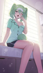 1girl absurdres bare_legs black_shorts buttons chico_(yuzuha_riko) commentary_request dolphin_shorts feet_out_of_frame g_godocbaek green_hair hair_between_eyes hand_up highres korean_commentary long_hair looking_at_viewer off_shoulder one_eye_closed open_mouth purple_eyes shirt shorts single_bare_shoulder sitting sleep_mask solo stellive twintails white_shirt window_blinds yuzuha_riko
