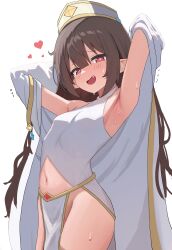 1girl absurdres armpits arms_behind_head arms_up bare_shoulders bright_pupils brown_hair clothing_cutout coat commentary_request commission cowboy_shot dansoon fang hat heart highres korean_commentary loincloth long_hair looking_at_viewer navel no_panties open_mouth original pelvic_curtain pointy_ears red_eyes shirt simple_background sleeveless sleeveless_shirt smile solo stomach stomach_cutout sweat thighs white_background white_coat white_hat white_loincloth white_shirt