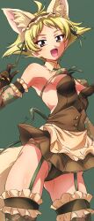 1girl absurdres ahoge animal_ears apron bikini blonde_hair blush breasts brown_eyes camouflage camouflage_bikini crotch elbow_gloves erakin erwin_(girls_und_panzer) fake_animal_ears fake_tail fox_ears fox_tail garter_straps girls_und_panzer gloves green_background highres leotard looking_at_viewer maid_apron open_mouth playboy_bunny short_hair simple_background small_breasts smile solo swimsuit tail thighhighs