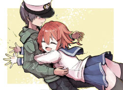 Rule 34 | 1boy, 1girl, admiral (kancolle), black panties, black thighhighs, blue sailor collar, blue skirt, brown hair, closed eyes, cowboy shot, grey jacket, hat, hood, hooded jacket, hug, ikazuchi (kancolle), jacket, jewelry, kantai collection, panties, pantyshot, peaked cap, pleated skirt, ring, sailor collar, sailor shirt, shirt, short hair, skirt, thighhighs, unagiman, underwear, wedding ring, white shirt