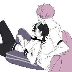 Rule 34 | 2boys, androgynous, black hair, black pants, bracelet, casual, cheek piercing, face piercing, facial hair, green hair, hakari kinji, hoshi kirara, jewelry, jujutsu kaisen, lip piercing, lying on another, medium hair, multiple boys, mustache stubble, open mouth, pants, piercing, pillow, purple hair, shirt, short hair, simple background, star tattoo, stubble, tattoo, track pants, white background, white shirt, yuz46
