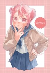 1girl ahoge alternate_hairstyle blue_neckerchief blue_sailor_collar blue_skirt cardigan cropped_legs double_bun grey_cardigan hair_bun hand_on_own_chin highres kantai_collection neckerchief open_cardigan open_clothes pink_eyes pink_hair pleated_skirt sailor_collar sazanami_(kancolle) school_uniform serafuku shirt skirt solo suppaman_(rfjy) white_shirt