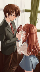 Rule 34 | 1boy, 1girl, 621 joker 123, absurdres, asahina mikuru, bag, blazer, blue sailor collar, blue skirt, brown hair, brown pants, collared shirt, commentary request, curtains, from side, green jacket, highres, holding, holding bag, indoors, jacket, kita high school uniform, koizumi itsuki, long hair, long sleeves, necktie, pants, paper bag, pleated skirt, red necktie, red ribbon, ribbon, sailor collar, school uniform, serafuku, shirt, short hair, skirt, standing, suzumiya haruhi no yuuutsu, white shirt, window, winter uniform