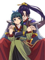 1boy 1girl :/ armor beads blunt_bangs bored bow cape chinese_clothes closed_eyes freckles green_hair grey_cape hair_beads hair_bow hair_ornament hairpin hanfu high_ponytail highres holding holding_another&#039;s_arm hug jinshi_(kusuriya_no_hitorigoto) kusuriya_no_hitorigoto long_hair maomao_(kusuriya_no_hitorigoto) open_mouth ponytail purple_eyes purple_hair red_skirt robe shoulder_armor sidelocks simple_background sitting sitting_on_lap sitting_on_person skirt unamused user_fexy5783 very_long_hair white_background