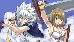 1boy 1girl breasts cleavage day elie grin gun haru_glory large_breasts looking_at_viewer mashima_hiro official_art rave_(manga) smile sword tonfa weapon