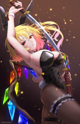 1girl alternate_costume animal_ear_hairband animal_ears armpits ascot black_leotard blonde_hair breasts brown_pantyhose closed_mouth commentary_request covered_navel crystal crystal_wings detached_collar ear_piercing fake_animal_ears fake_tail fingernails flandre_scarlet frilled_thigh_strap frown glint hairband highleg highleg_leotard highres holding holding_sheath katana large_breasts leotard long_fingernails long_hair looking_at_viewer mizunisabano multicolored_wings one_side_up pantyhose piercing playboy_bunny pointy_ears rabbit_ears rabbit_tail red_eyes red_nails sheath solo strapless strapless_leotard sword tail thigh_strap touhou unsheathing weapon white_wrist_cuffs wings wrist_cuffs