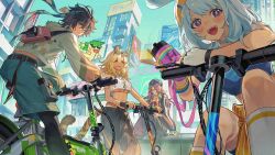 1boy 3girls ajaw_(genshin_impact) animal_ears bicycle black_pants blonde_hair blue_hair chasca_(genshin_impact) fingerless_gloves fish-shaped_pupils genshin_impact gloves jaguar_ears jaguar_girl jaguar_tail kinich_(genshin_impact) kneehighs long_hair looking_at_viewer mint-tan mualani_(genshin_impact) multiple_girls official_alternate_costume open_mouth outdoors pants red_eyes sitting smile socks standing tail teeth upper_teeth_only white_gloves white_socks xilonen_(genshin_impact)