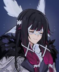 1girl black_background black_hair blunt_bangs bow bowtie closed_eyes closed_mouth coat columbina_(genshin_impact) eye_mask eyelashes facing_to_the_side fatui_coat fur_collar genshin_impact grey_background hair_ribbon head_wings highres lapels large_bow multicolored_hair multiple_wings pink_hair pink_lips portrait ribbon sgm618 sketch smile solo streaked_hair swept_bangs tress_ribbon twitter_username white_bow white_bowtie white_coat white_mask white_ribbon white_wings wings x-shaped_eyewear