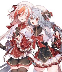 Rule 34 | 2girls, black bow, black gloves, black shirt, black skirt, black thighhighs, bow, braid, bright pupils, capelet, chest bow, cowboy shot, dress, frilled bow, frills, fu hua, fu hua (garuda), herrscher of sentience, fur capelet, gloves, grey hair, hair between eyes, hat, hat bow, highres, honkai (series), honkai impact 3rd, long hair, mandarin collar, miniskirt, multicolored hair, multiple girls, open mouth, pankou, red bow, red eyes, red hair, red shirt, shirt, side braid, skirt, smile, streaked hair, takakura aki, thighhighs, two-tone hair, very long hair, white bow, white hair, white hat, white pupils, white skirt, white thighhighs