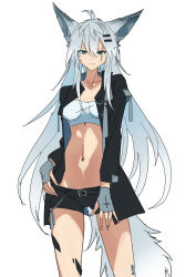 1girl absurdres animal_ears aqua_eyes arknights bandeau black_jacket black_shorts closed_mouth commentary cowboy_shot crop_top fingerless_gloves gloves grey_gloves grey_hair grey_tail hair_between_eyes hair_ornament hairclip highres jacket kakaricho_dairi lappland_(arknights) light_smile long_hair looking_at_viewer material_growth midriff navel open_clothes open_jacket oripathy_lesion_(arknights) scar scar_across_eye scar_on_face short_shorts shorts simple_background sketch solo standing tail very_long_hair white_background wolf_ears wolf_girl wolf_tail