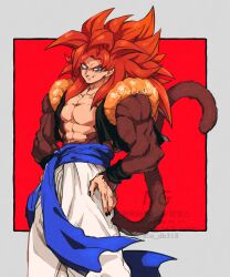 Rule 34 | 1boy, biceps, blue eyes, blue sash, body fur, dragon ball, dragon ball gt, gogeta, highres, looking at viewer, male focus, metamoran vest, monkey boy, monkey tail, muscular, muscular male, no nipples, pants, pectorals, red hair, relio db318, sash, simple background, smile, solo, spiked hair, super saiyan, super saiyan 4, tail, veins, veiny hands, white pants