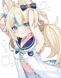 Rule 34 | 1girl, adjusting hair, ahoge, animal ear fluff, animal ears, arms up, bikini, bikini under shorts, blonde hair, blue bikini, blue eyes, blue hair, blush, breasts, cat ears, dress, fang, fins, fish girl, fish tail, highres, hururu (vldptmxk1054), indie virtual youtuber, long hair, looking at viewer, low twintails, multicolored hair, one side up, sameko saba, short shorts, shorts, skin fang, sleeveless, sleeveless dress, small breasts, smile, solo, streaked hair, swimsuit, tail, twintails, very long hair, virtual youtuber, white dress, white shorts