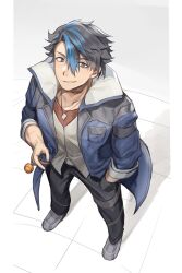 1boy absurdres black_hair black_pants blue_coat blue_eyes blue_hair breast_pocket cancanbaobao55 candy coat eiyuu_densetsu food from_above full_body hair_between_eyes hand_in_pocket hashtag-only_commentary highres holding holding_candy holding_food holding_lollipop jewelry kuro_no_kiseki_(series) kuro_no_kiseki_i lollipop looking_at_viewer male_focus multicolored_hair necklace open_clothes open_coat pants pocket red_shirt shirt short_hair smile solo standing streaked_hair two-tone_hair van_arkride white_shirt