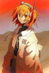 1girl a.i._voice adachi_rei arms_at_sides belt black_shirt closed_mouth cowboy_shot empty_eyes expressionless floating_hair gradient_sky grey_skirt headlamp highres hood hood_down hooded_jacket horizon jacket long_sleeves looking_at_viewer medium_hair netsu_ijou_(utau) one_side_up open_clothes open_jacket orange_eyes orange_hair outdoors radio_antenna red_sky sand shirt shirt_tucked_in skirt sky solo standing turtleneck turtleneck_shirt umiseazzz utau white_jacket