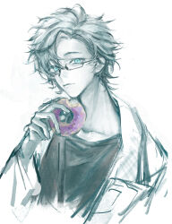 Rule 34 | 1boy, absurdres, blue eyes, caocaohuayuan, chinese commentary, closed mouth, collarbone, commentary request, cropped torso, donut, food, glasses, highres, holding, holding food, jacket, kanou aogu, long sleeves, male focus, monochrome, open clothes, open jacket, saibou shinkyoku, semi-rimless eyewear, short hair, simple background, solo, spot color, variant set, white background