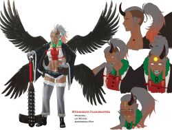 1girl absurdres angry bead_necklace beads black_wings blue_eyes blush braid breasts club club_(weapon) dark-skinned_female dark_skin ear_piercing embarrassed extra_arms face_piercing fangs feathered_wings fur-trimmed_shorts fur-trimmed_sleeves fur-trimmed_thighhighs fur_trim gradient_hair grey_hair highres holding holding_weapon horns jewelry kanabou long_hair long_sleeves multicolored_hair multiple_expressions multiple_views multiple_wings necklace nose_piercing oni original piercing pointy_ears pomelomelon ponytail reference_sheet short_shorts shorts single_horn small_breasts small_pupils smile thighhighs third_eye tongue tongue_out twin_braids undercut weapon white_background wide-eyed wide_sleeves wings