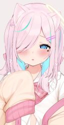 animal_ears aqua_streaks blue_eyes commentary frills hair_ornament hair_over_one_eye hairclip heart heart-shaped_pupils highres ilu_fluor ilu_fluor_(artist) indie_virtual_youtuber pink_hair puffy_short_sleeves puffy_sleeves shirt short_sleeves solo sweat symbol-only_commentary symbol-shaped_pupils white_shirt