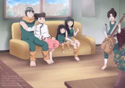 2boys 3girls barefoot black_hair brown_hair couch double_bun family feet highres if_they_mated multiple_boys multiple_girls naruto naruto_(series) rock_lee short_hair susukaspirit tenten_(naruto)