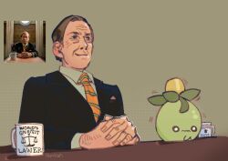 1boy artist_name better_call_saul black_suit breaking_bad brown_hair closed_mouth collar colored_skin commentary creatures_(company) cup english_text formal_clothes game_freak green_skin grey_background highres leunkon male_focus mug necktie nintendo olive orange_necktie own_hands_together photo_inset pokemon pokemon_(creature) print_cup saul_goodman shirt short_hair simple_background sitting smile smoliv suit twitter_username wavy_mouth white_collar white_shirt