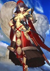 1girl armor armored_boots asymmetrical_armor black_hair blue_eyes blue_sky boobplate boots bracer braid breastplate breasts breasts_apart brown_gloves brown_thighhighs cape closed_mouth cloud expressionless fate/grand_order fate_(series) floating_hair foot_out_of_frame fur-trimmed_skirt fur_trim game_cg gauntlets gloves gold_armor gold_boots gold_headband grey_eyes hairband hand_on_own_hip hand_up head_tilt hephaestion_(fate) heterochromia high_heel_boots high_heels leg_up long_hair long_skirt looking_at_viewer medium_breasts official_art parted_bangs pauldrons pelvic_curtain red_cape red_hairband red_sash red_skirt sakamoto_mineji sash sheath sheathed short_hair_with_long_locks shoulder_armor showgirl_skirt single_braid skirt sky solo standing standing_on_one_leg swept_bangs sword thighhighs third-party_source variant_set very_long_hair weapon