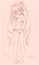1girl :d ass bare_arms bare_legs bare_shoulders barefoot bikini blush brown_background commentary flower flying_sweatdrops from_behind full_body hair_between_eyes hair_flower hair_intakes hair_ornament highres jigatei_(omijin) looking_at_another looking_at_viewer monochrome open_mouth original ringlets romaji_text simple_background smile solo standing swimsuit twintails v-shaped_eyebrows