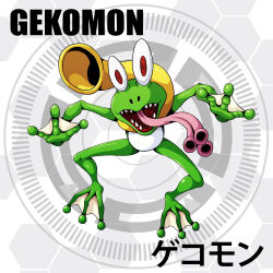 Rule 34 | circle, d sandy, digimon, digimon (creature), digimon adventure, gekomon, highres, looking at viewer, red eyes, sharp teeth, solo, teeth, tongue, tongue out