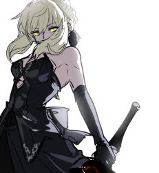 Rule 34 | artoria pendragon (fate), ayanolity, black dress, black gloves, blonde hair, breasts, clothing cutout, commentary request, dress, elbow gloves, excalibur morgan (fate), fate/grand order, fate (series), gloves, hair ribbon, holding, holding sword, holding weapon, medium breasts, ribbon, saber alter, saber alter (final ascension), sword, weapon, yellow eyes