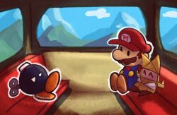 ._. 1boy 1girl ^_^ blue_overalls blue_sky bob-omb bobby_(paper_mario) brown_hair brown_shoes closed_eyes cloud commentary day english_commentary facial_hair hat mario mario_(series) mimikabii mountain mustache nintendo olivia_(paper_mario) overalls paper_mario paper_mario:_the_origami_king paper_mario_(character) red_hat red_shirt shirt shoes short_hair sitting sky twitter_username