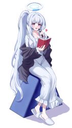 1girl absurdres blue_archive book breasts cleavage felice_ykr frilled_pajamas frills full_body highres holding holding_book long_hair looking_at_viewer nightgown noa_(blue_archive) noa_(pajamas)_(blue_archive) official_alternate_costume official_alternate_hairstyle open_mouth pajamas pen ponytail purple_eyes short_hair simple_background sitting sleepwear very_long_hair white_background white_hair white_nightgown white_pajamas