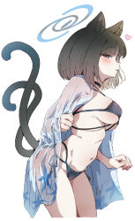 Rule 34 | 1girl, :p, absurdres, animal ear fluff, animal ears, bikini, black bikini, black hair, black tail, blue archive, blue bikini, blush, breasts, cat ears, cat girl, cat tail, choker, cowboy shot, heart, highres, kikyou (blue archive), kikyou (swimsuit) (blue archive), layered bikini, looking at viewer, medium breasts, multi-strapped bikini bottom, multiple tails, navel, official alternate costume, okura-chan (at nya5), see-through clothes, side-tie bikini bottom, simple background, solo, standing, stomach, string bikini, swimsuit, tail, tongue, tongue out, towel, two tails, white background