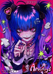 Rule 34 | 1girl, absurdres, ahoge, amemiya darumi, black bow, blister pack, blood, blue hair, blush, bow, bowtie, chailiru, character name, chibi, chromatic aberration, collar, commentary, facial mark, film grain, glint, gradient hair, hair bow, hand up, heart, heart facial mark, highres, knife, long hair, long sleeves, multicolored hair, multiple views, open mouth, paperclip, paperclip hair ornament, pill, pink background, pink blood, pink hair, purple hair, razor blade, red bow, red bowtie, red collar, sailor collar, sleeves past wrists, smile, solo, spiked collar, spikes, striped clothes, striped sweater, sweater, the hundred line -last defense academy-, twintails, upper body, white sweater