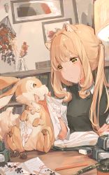 1girl animal animal_ears blonde_hair blouse book bookshelf bouquet cat_ears cat_girl closed_mouth desk eating eraser flower grabbing_another&#039;s_chin highres indoors ink inkwell lamp original paper paru_(parucom) paw_print pawpads pen rabbit shirt sweater_vest twintails vase white_shirt