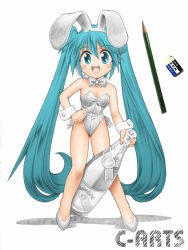 1girl alcohol animal_ears aqua_eyes aqua_hair bare_legs bottle chibi child eraser fake_animal_ears female_focus hatsune_miku headset leotard long_hair maguta maguta_(c-arts) microphone pencil playboy_bunny rabbit_ears solo tombow_mono twintails vocaloid wine wooden_pencil
