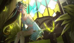 1girl absurdres bare_shoulders blue_bra blue_butterfly blue_eyes blue_hair blue_skirt blue_sleeves bookshelf bra braid breasts bright_pupils brown_hair bug butterfly butterfly-shaped_pupils chain character_request circlet cleavage cleavage_cutout clothing_cutout commentary commission detached_sleeves dot_nose english_commentary feet_out_of_frame floating_hair floral_print flower genshin_impact gold_chain gold_necklace green_butterfly hair_between_eyes hair_flower hair_ornament half_up_braid highres indoors insect jewelry leaning_forward leg_ribbon light_rays lily_(flower) lips long_hair long_hair_between_eyes long_sleeves looking_at_animal multicolored_hair necklace on_bench open_mouth plant ponytail potted_plant ribbon short_shorts shorts side_slit sitting skirt smile solo stained_glass streaked_hair swept_bangs symbol-shaped_pupils tassel teeth two-tone_hair underwear very_long_hair white_flower white_pupils white_shorts wide_sleeves wikate yellow_ribbon