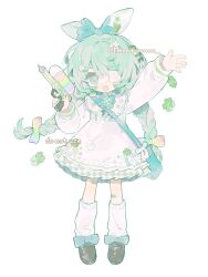 1girl arm_up bag bandaid bandaid_on_leg bow braid dress eyepatch green_eyes green_hair hair_bow hair_ornament hairband highres holding long_hair long_sleeves loose_socks medical_eyepatch memuro original puffy_long_sleeves puffy_sleeves ribbon shoes shoulder_bag socks solo twin_braids water_gun white_background