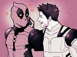 2boys beard blush_stickers bodysuit brown_hair cheek_pinching cheek_pull commentary_request deadpool deadpool_&amp;_wolverine deadpool_(series) facial_hair gloves heart looking_at_another male_focus marvel marvel_cinematic_universe mask multiple_boys muscular muscular_male open_mouth pinching red_mask sherlock7akane short_hair signature smile superhero_costume teeth wolverine_(x-men) x-men yaoi