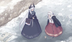 2girls absurdly_long_hair asicah asta_(asicah) bag black_coat black_dress blue_eyes coat coat_on_shoulders dioreta_(asicah) dress hairband highres horns ice kite long_dress long_hair long_sleeves multiple_girls original outdoors pink_eyes red_dress scarf shopping_bag snowman spinning_top standing tiara very_long_hair white_hair