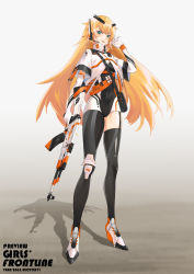 1girl absurdres ak-47 ak-47_(girls&#039;_frontline) akm assault_rifle asymmetrical_legwear black_legwear blonde_hair blue_eyes bodysuit breasts chuck_(harfmoondark) copyright_name counter-strike_(series) counter-strike_2 covered_navel elbow_gloves girls&#039;_frontline gloves gun headphones highres holding holding_weapon kalashnikov_rifle long_hair looking_at_viewer medium_breasts open_mouth rifle solo standing uneven_legwear weapon white_gloves