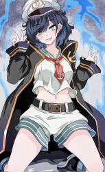 1girl anchor_symbol black_coat black_hair black_shoes coat commentary_request green_eyes green_sailor_collar grey_background hat highres kakineko kneeling long_sleeves midriff murasa_minamitsu navel necktie red_necktie sailor_collar sailor_hat shirt shoes short_hair shorts solo touhou white_hat white_shirt white_shorts