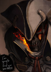 1boy arms_behind_back ascot assassin&#039;s_creed assassin&#039;s_creed_(series) assassin&#039;s_creed_iii aura belt boots cape captainberunov coat dark_aura english_text fire fusion ghost_rider glowing hat haytham_kenway male_focus pants parody sash skull solo tricorne