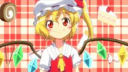 &gt;_&lt; 1girl :d animated animated_gif arms_up blonde_hair blush_stickers cake candy closed_eyes fang female_focus flandre_scarlet flapping food fourth_wall happy hat kiss lowres mukai o3o open_mouth pocky red_eyes short_hair side_ponytail smile solo touhou white_hat xd