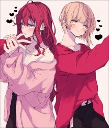 2girls amane_(7783) blonde_hair blue_eyes cardigan closed_mouth commentary_request ear_piercing earrings finger_in_another&#039;s_mouth green_eyes heart highres holding_another&#039;s_wrist ichinose_shiki idolmaster idolmaster_cinderella_girls jewelry long_hair long_sleeves miyamoto_frederica multiple_girls piercing pink_background pink_cardigan red_hair red_sweater shirt short_hair simple_background smile stud_earrings sweater white_shirt yuri