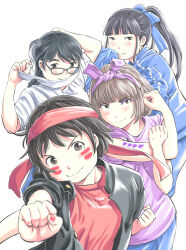 4girls absurdres belt blue_hairband blue_track_suit bodypaint bow braid commentary_request facial_mark fighting_stance glasses hair_bow hairband headband high_ponytail highres hiura_towa jacket leather leather_jacket long_hair looking_at_viewer mou_ippon! multiple_girls muraoka_yuu nagumo_anna nail_polish official_art pom_pom_(cheerleading) ponytail punching purple_hairband purple_shirt red_headband red_shirt shirt short_hair sidelocks smile sonoda_michi takigawa_sanae track_suit white_background white_belt