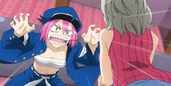 10s 2girls animated animated_gif aqua_eyes binbougami_ga! blue_sky breasts broken_glass bursting_breasts cleavage cloud crossdressing emphasis_lines female_focus gakuran geta glass grey_hair hat jumping large_breasts lowres mouth_hold multiple_girls open_clothes open_shirt pink_hair popped_button pouncing rindou_ranmaru sakura_ichiko sarashi school_uniform shirt short_hair shueisha sky teeth torn_clothes wardrobe_malfunction window