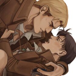 2boys arizawasan arm_around_shoulder blonde_hair blush bolo_tie brown_eyes brown_hair brown_jacket clothes_grab collared_jacket collared_shirt commentary erwin_smith eye_contact highres jacket lapels levi_(shingeki_no_kyojin) looking_at_another male_focus multicolored_hair multiple_boys nervous_sweating open_collar paradis_military_uniform shingeki_no_kyojin shirt sideburns simple_background small_sweatdrop smile sweat thick_eyebrows two-tone_hair white_background white_shirt wing_collar yaoi