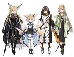 4girls absurdres animal_ears arknights arms_behind_back barefoot black_boots black_coat black_dress black_shoes blonde_hair blue_hairband boots braid braided_hair_rings brown_hair closed_umbrella coat dress feet fox_ears fox_girl fox_tail full_body gloves hair_rings hairband hand_on_own_hip hand_up highres holding holding_staff holding_umbrella holding_weapon ice_skates kitsune lab_coat laurel_crown long_hair long_sleeves looking_at_viewer magallan_(arknights) material_growth mother_and_daughter muelsyse_(arknights) multicolored_coat multicolored_hair multiple_girls multiple_tails necktie open_clothes open_coat orange_eyes oripathy_lesion_(arknights) pantyhose red_necktie rhine_lab_logo shirt shoes short_hair sigm@ simple_background skates sleeves_past_wrists smile staff standing streaked_hair suitcase suzuran_(arknights) tail thighs toes two-tone_coat two-tone_hair umbrella vulpisfoglia_(arknights) weapon white_background white_coat white_gloves white_hair white_pantyhose