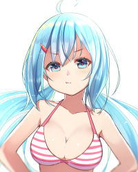 1girl bare_shoulders bikini blue_eyes blue_hair blush breasts cleavage female_focus hair_ornament hairclip hands_on_own_hips highres long_hair looking_at_viewer matching_hair/eyes ninnzinn original pout simple_background solo strap_gap swimsuit twintails white_background